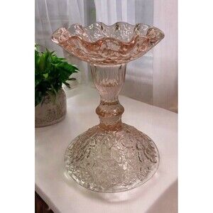 Vintage Westmoreland Bramble Maple Leaf Deco Tapered Candleholder Pink MCM RARE